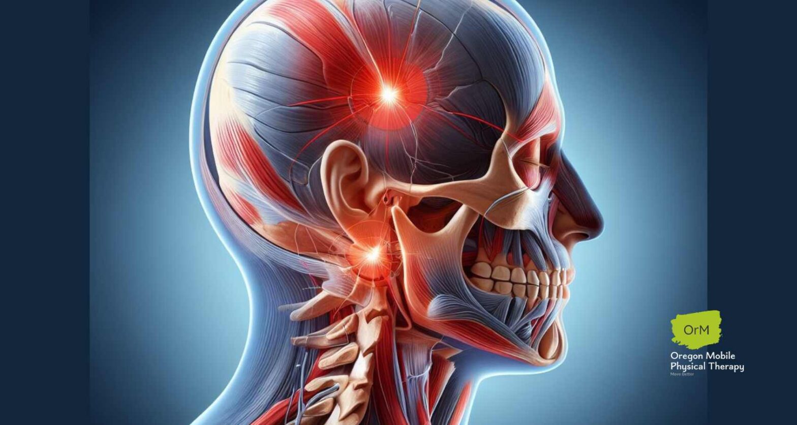 An anatomical illustration of a human head and neck, highlighting the muscles and nervous system. Bright red spots indicate areas of pain or tension, particularly in the temple and jaw regions. The image, ideal for physical therapy education, is labeled with the logo of Oregon Mobile Physical Therapy.