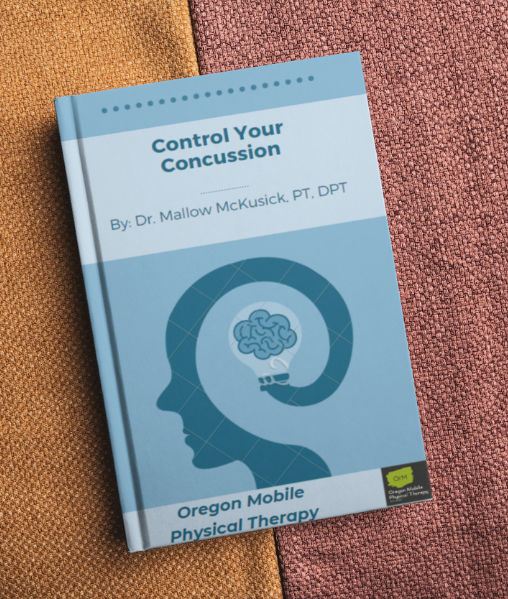 A book titled "Control Your Concussion" by Dr. Mallow McKusick, PT, DPT, rests on a two-tone fabric surface, with one side orange and the other textured brown. The cover features an illustration of a blue silhouette head with a brain icon inside, emphasizing the role of physical therapy in recovery.
